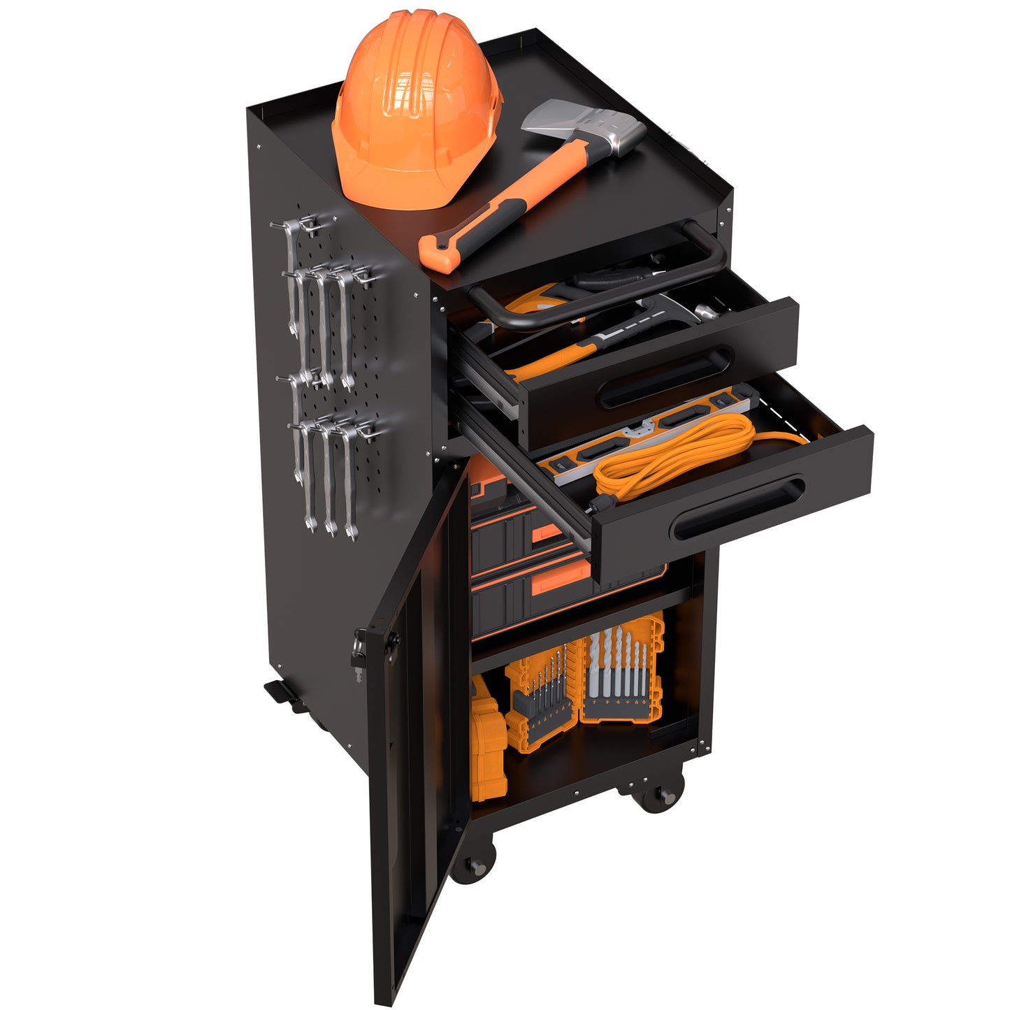 VIYET 34" Narrow Rolling Tool Cabinet - Slim 2-Drawer Space-Saving Storage with Lockable Door, Black