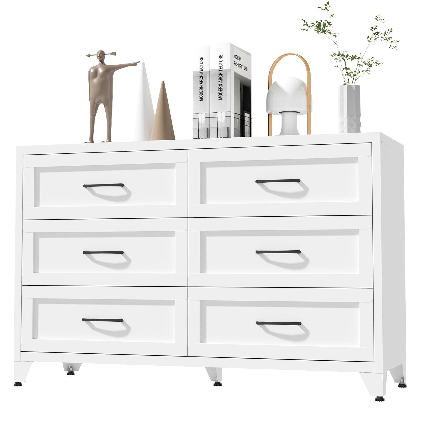 VIYET 6-Drawer White Dresser for Bedroom, Modern Metal Storage Chest with Smooth-Glide Drawers for Closet, Hallway & Entryway