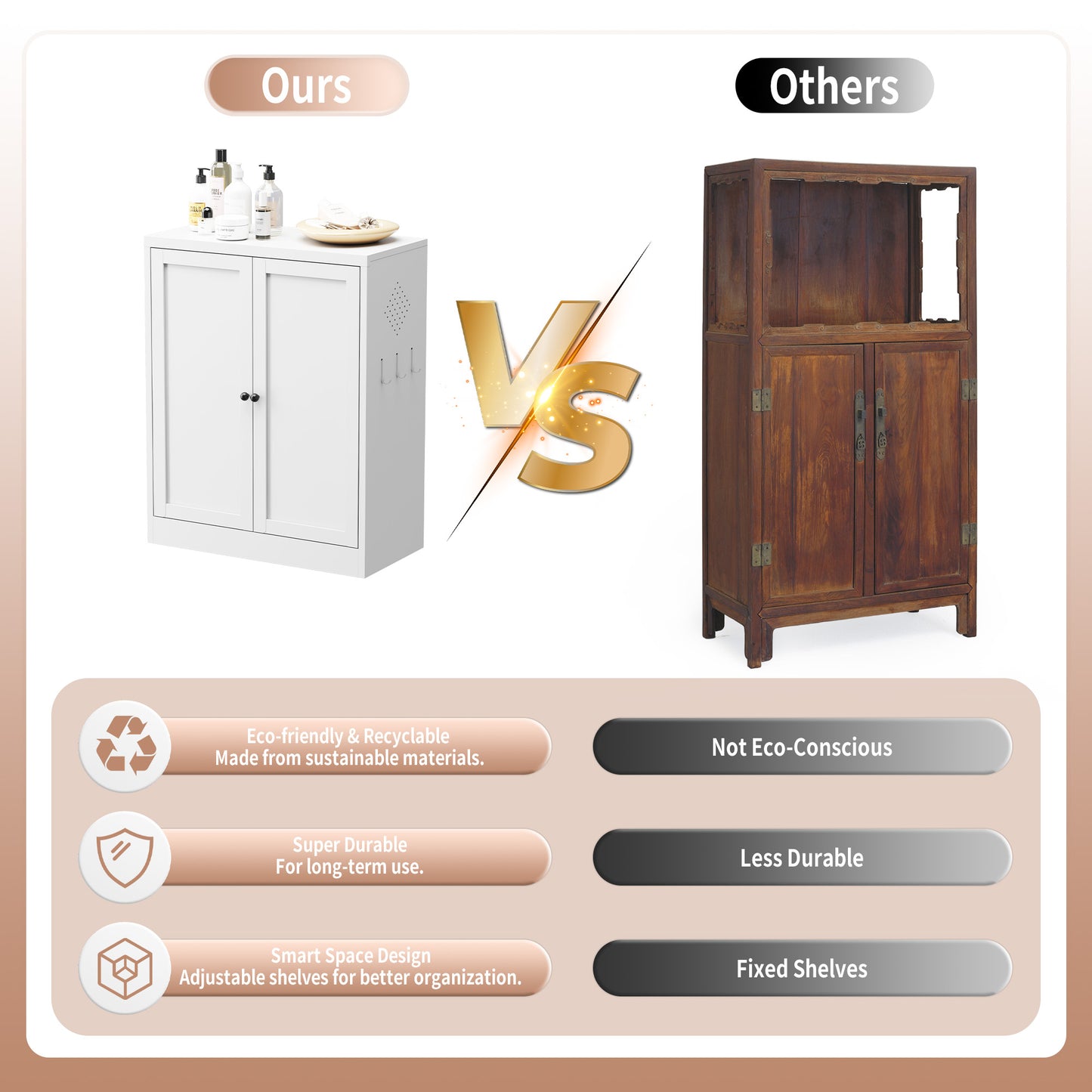 VIYET 35"H White Metal Pantry Cabinet,2 Adjustable Shelves+Side Hooks/Vents,Anti-Tip Freestanding for Kitchen/Dining/Apartment