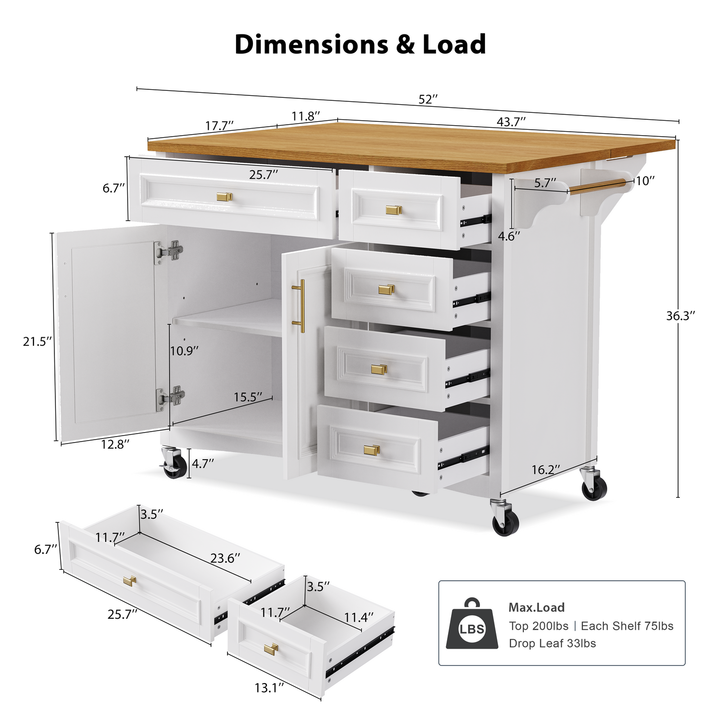VIYET 36" K&K Kitchen Island with Drop Leaf, White MDF Storage Cart w/ Oak Veneer Top (2 Doors+5 Drawers+Adjustable Shelf)