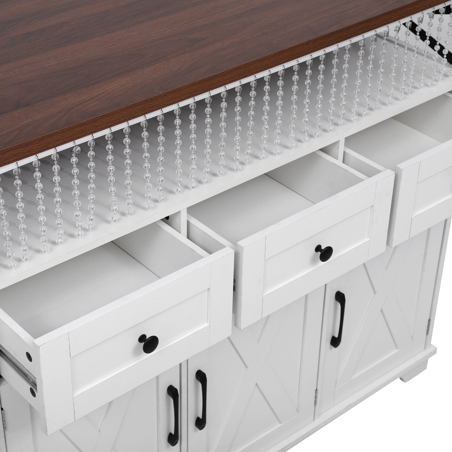 VIYET 39" K&K Farmhouse Rolling Kitchen Island, White MDF Cart w/ Bead Drape, Power Outlet & Drop Leaf (3 Doors+3 Drawers+Internal Iron Shelf)