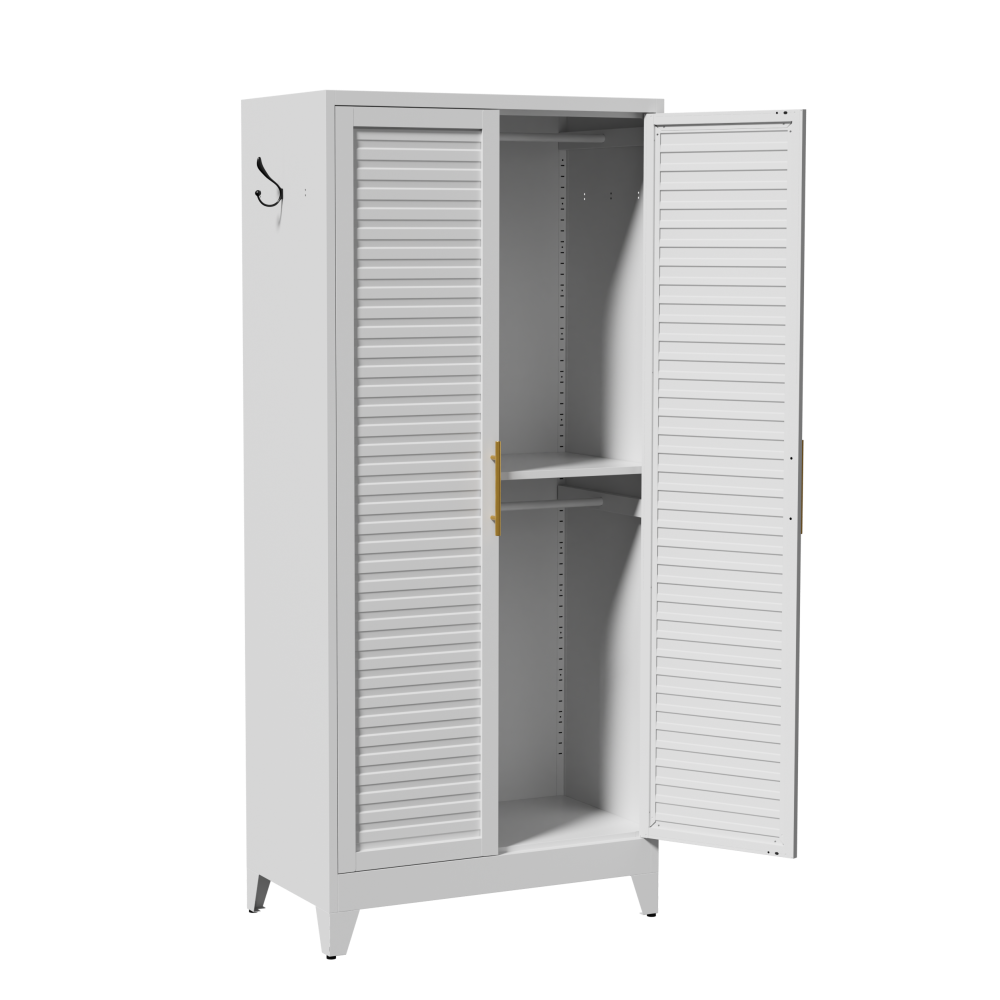 VIYET 71" Metal Wardrobe Closet with Adjustable Hanging Rod, Louvered Doors, Side Hooks & Shelves, Heavy Duty Clothing Storage Cabinet for Bedroom, Laundry Room, White