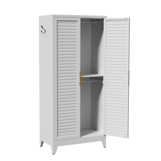 VIYET 71" Metal Wardrobe Closet with Adjustable Hanging Rod, Louvered Doors, Side Hooks & Shelves, Heavy Duty Clothing Storage Cabinet for Bedroom, Laundry Room, White