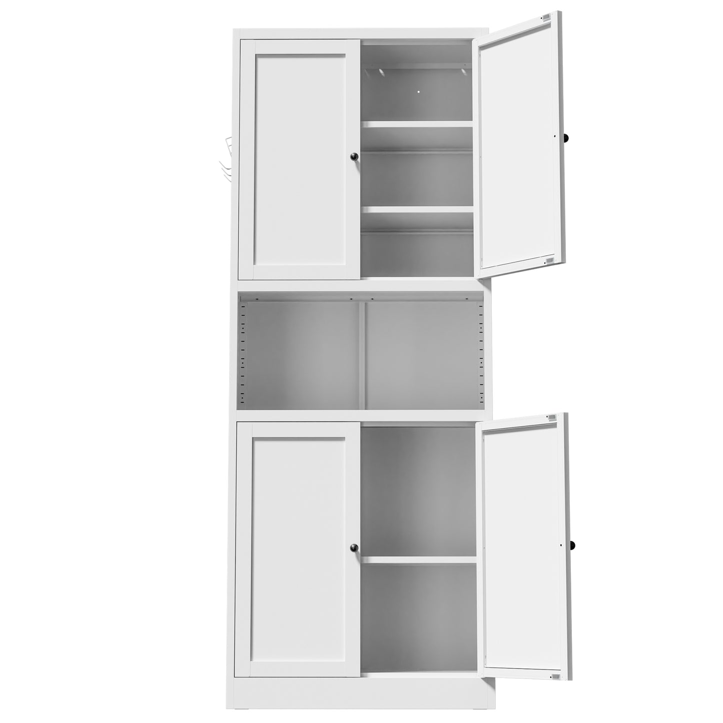 VIYET 72" Kitchen Pantry Cabinet with Large Countertop, Adjustable Shelves & Hooks, White Metal Coffee Bar Storage Cabinet for Kitchen & Dining Room