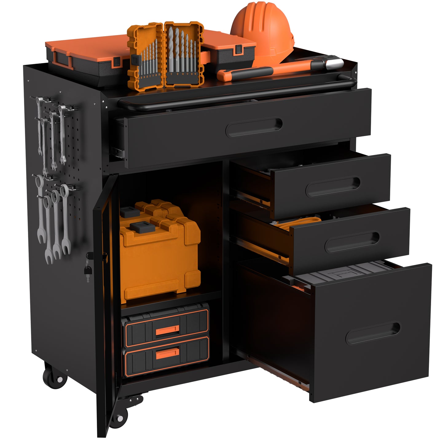 VIYET 34" 4-Drawer Mobile Tool Cabinet - Heavy-Duty Steel Garage Organizer with Lockable Storage Compartment & Rolling Workshop Chest, Black