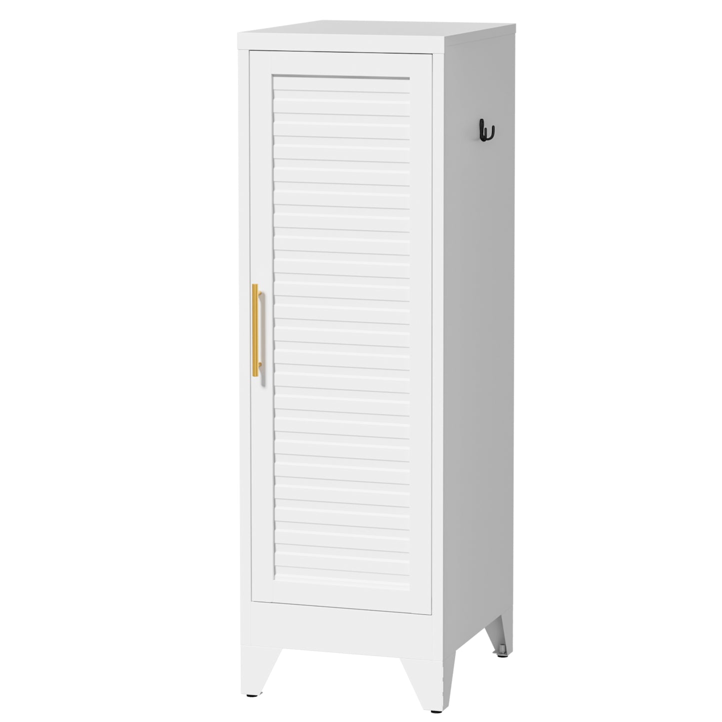 VIYET 47.2" Narrow Metal Wardrobe Closet, Slim Storage Cabinet with Louvered Door and Hanging Rail, Freestanding Clothes Organizer for Bedroom, Apartment, Dorm, White