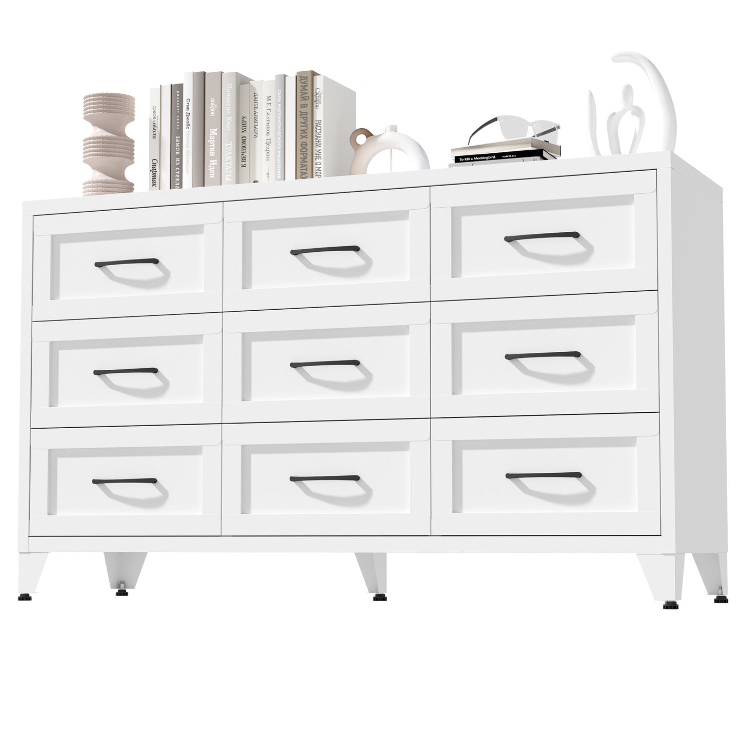 VIYET 9-Drawer Wide Dresser, White Bedroom Storage Chest with Smooth-Glide Drawers for Closet, Hallway & Entryway