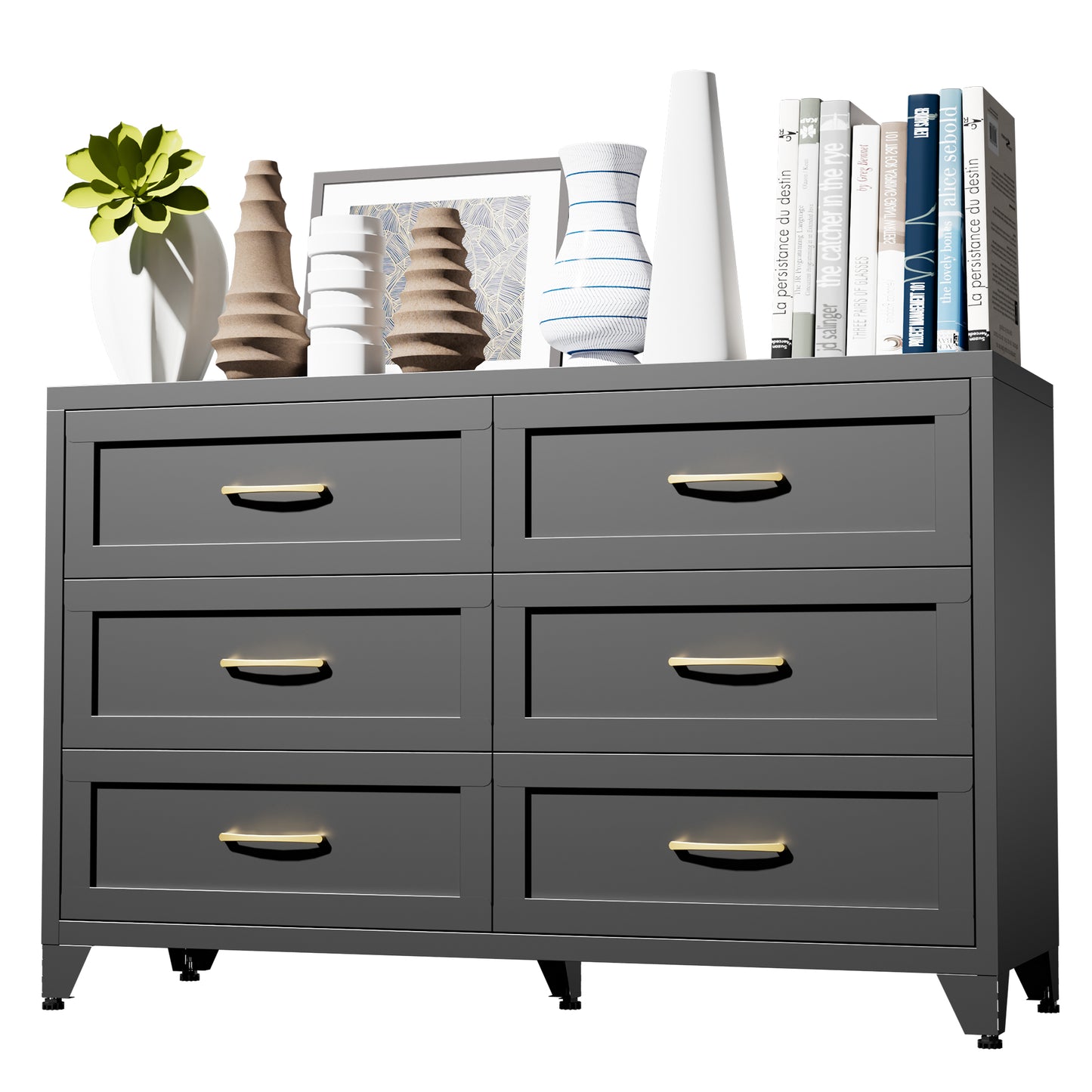 VIYET 6-Drawer Black Dresser for Bedroom, Low-Profile Chest of Drawers with Smooth-Glide Storage