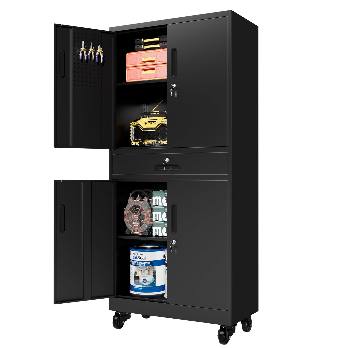 VIYET 71" Metal Garage Storage Cabinet with Drawer, Lockable Doors, Adjustable Shelves, Pegboard & Rolling Wheels for Home Office Utility