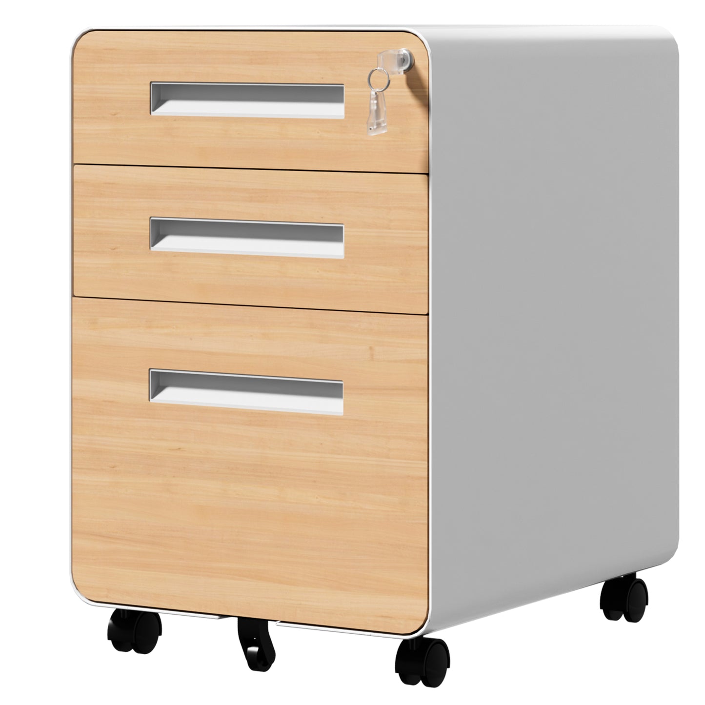 VIYET 3 Drawer Mobile File Cabinet with Lock, Wood Grain Metal Rolling Filing Cabinet on Wheels, Steel Office Storage Cabinet for Letter Legal Files