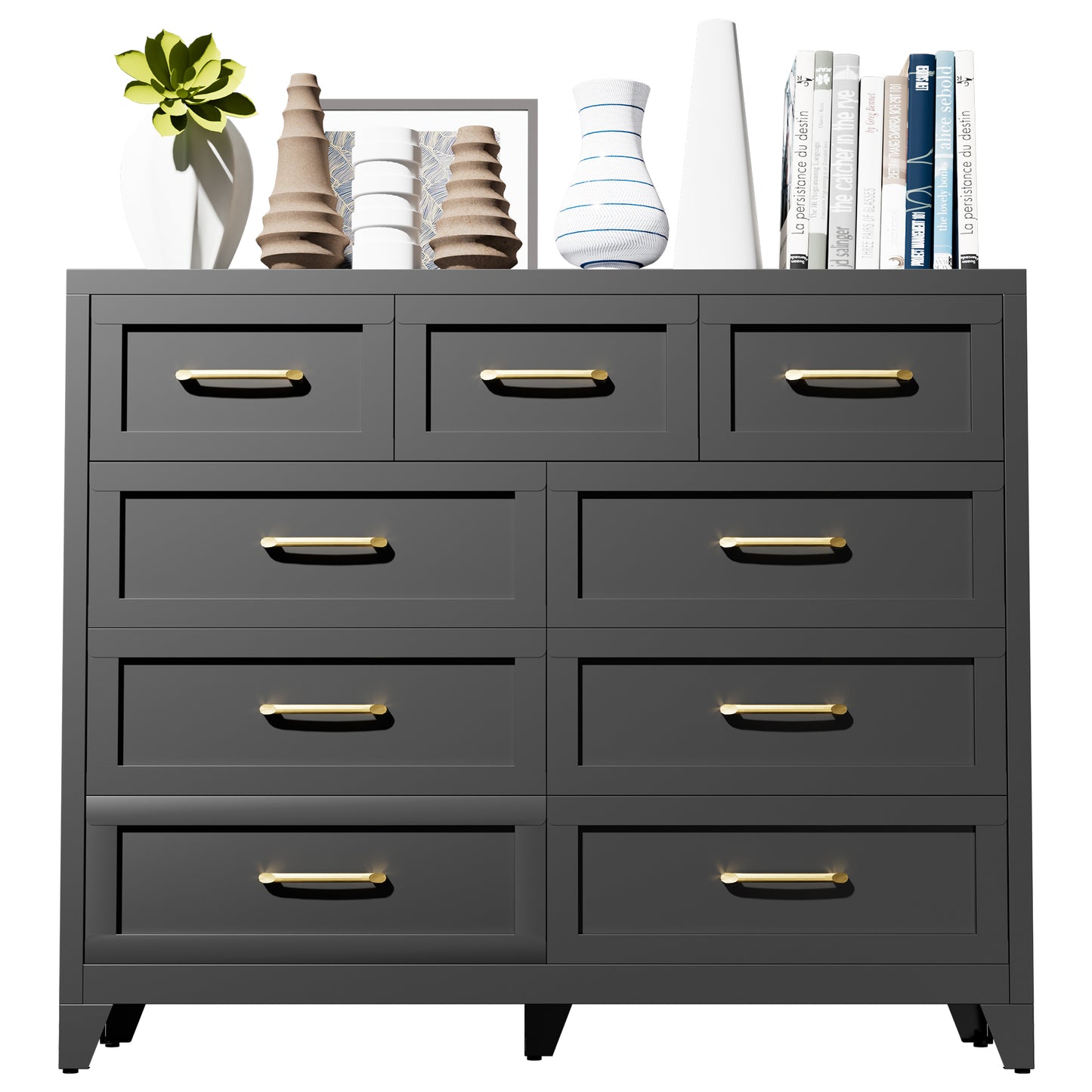 VIYET 9-Drawer Black Dresser for Bedroom, Tall Wide Chest of Drawers with Smooth-Glide Storage
