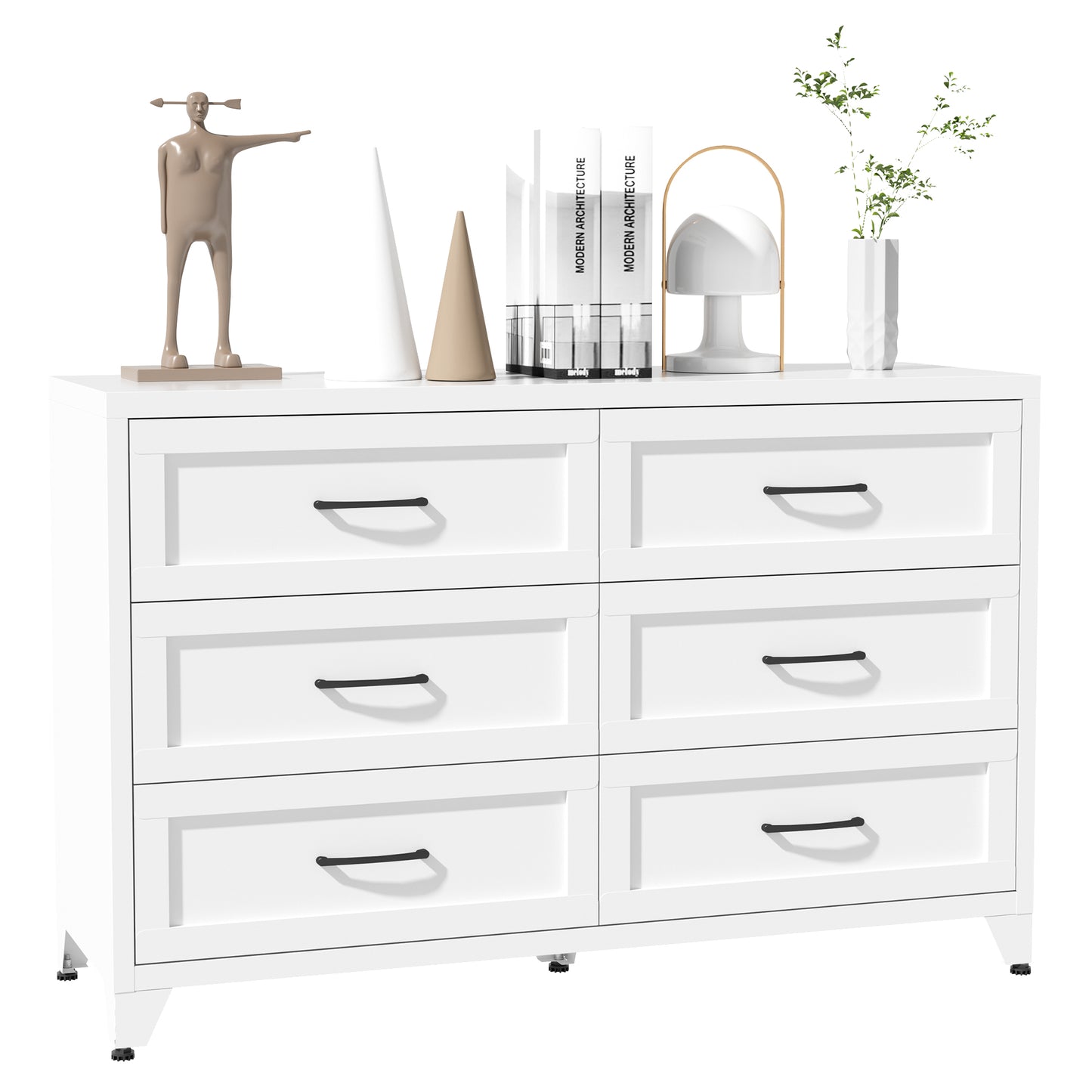 VIYET 6-Drawer White Dresser for Bedroom, Modern Metal Storage Chest with Smooth-Glide Drawers for Closet, Hallway & Entryway