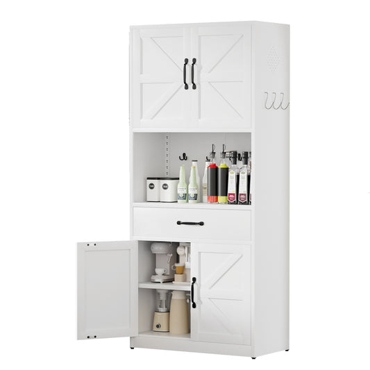 VIYET 71" White Metal Kitchen Pantry Cabinet with Drawer, Adjustable Shelves, Large Countertop & Hooks, Freestanding Storage Cabinet for Kitchen