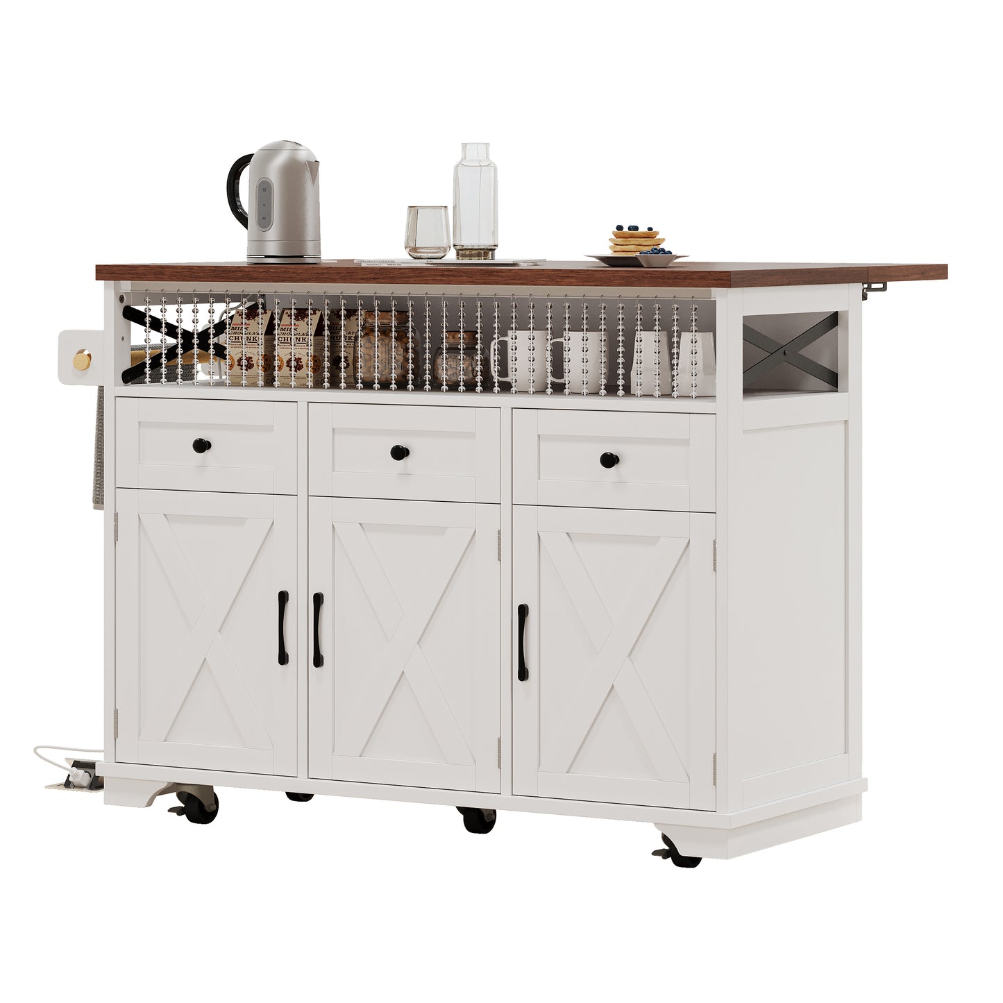 VIYET 39" K&K Farmhouse Rolling Kitchen Island, White MDF Cart w/ Bead Drape, Power Outlet & Drop Leaf (3 Doors+3 Drawers+Internal Iron Shelf)