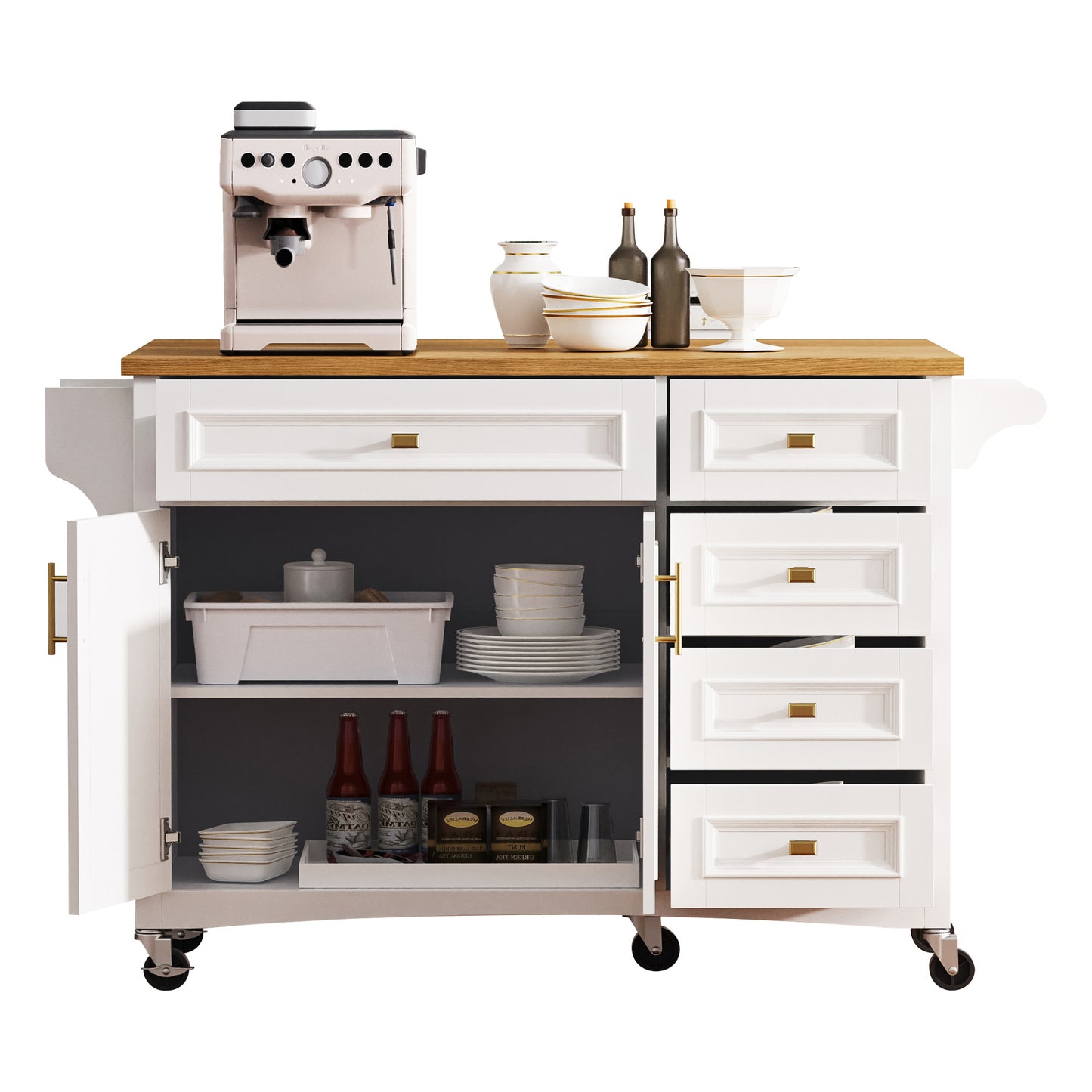 VIYET 36" K&K Kitchen Island with Drop Leaf, White MDF Storage Cart w/ Oak Veneer Top (2 Doors+5 Drawers+Adjustable Shelf)