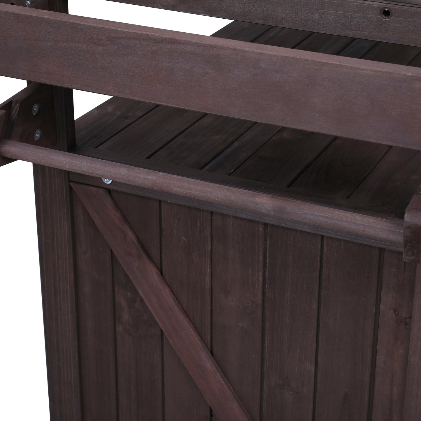 VIYET 43" K&K Outdoor Kitchen Island, Brown Solid Wood Grill Cart w/ Stainless Steel Top (Raised Shelf+Adjustable Storage Rack)
