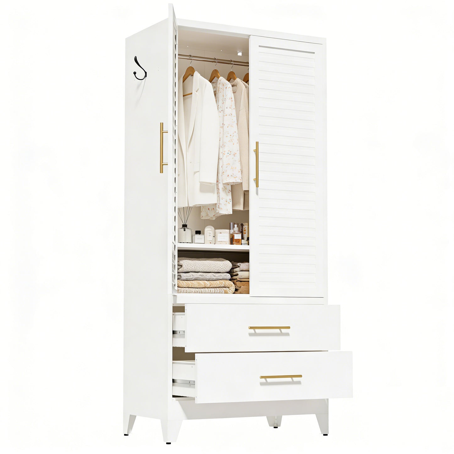 VIYET 71" Metal Wardrobe Closet with 2 Doors & 2 Drawers, Freestanding Steel Storage Cabinet with Hanging Rod & Adjustable Shelf