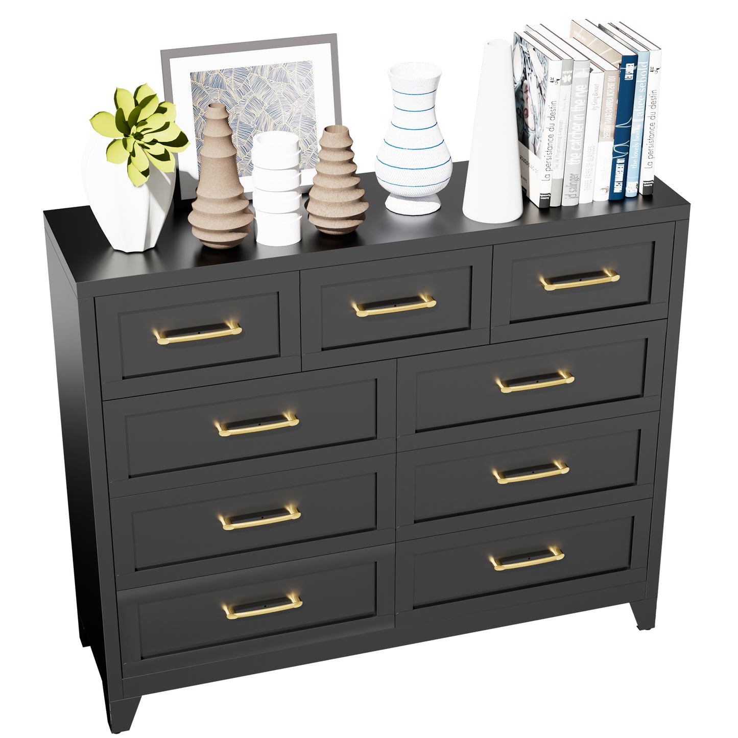 VIYET 9-Drawer Black Dresser for Bedroom, Tall Wide Chest of Drawers with Smooth-Glide Storage