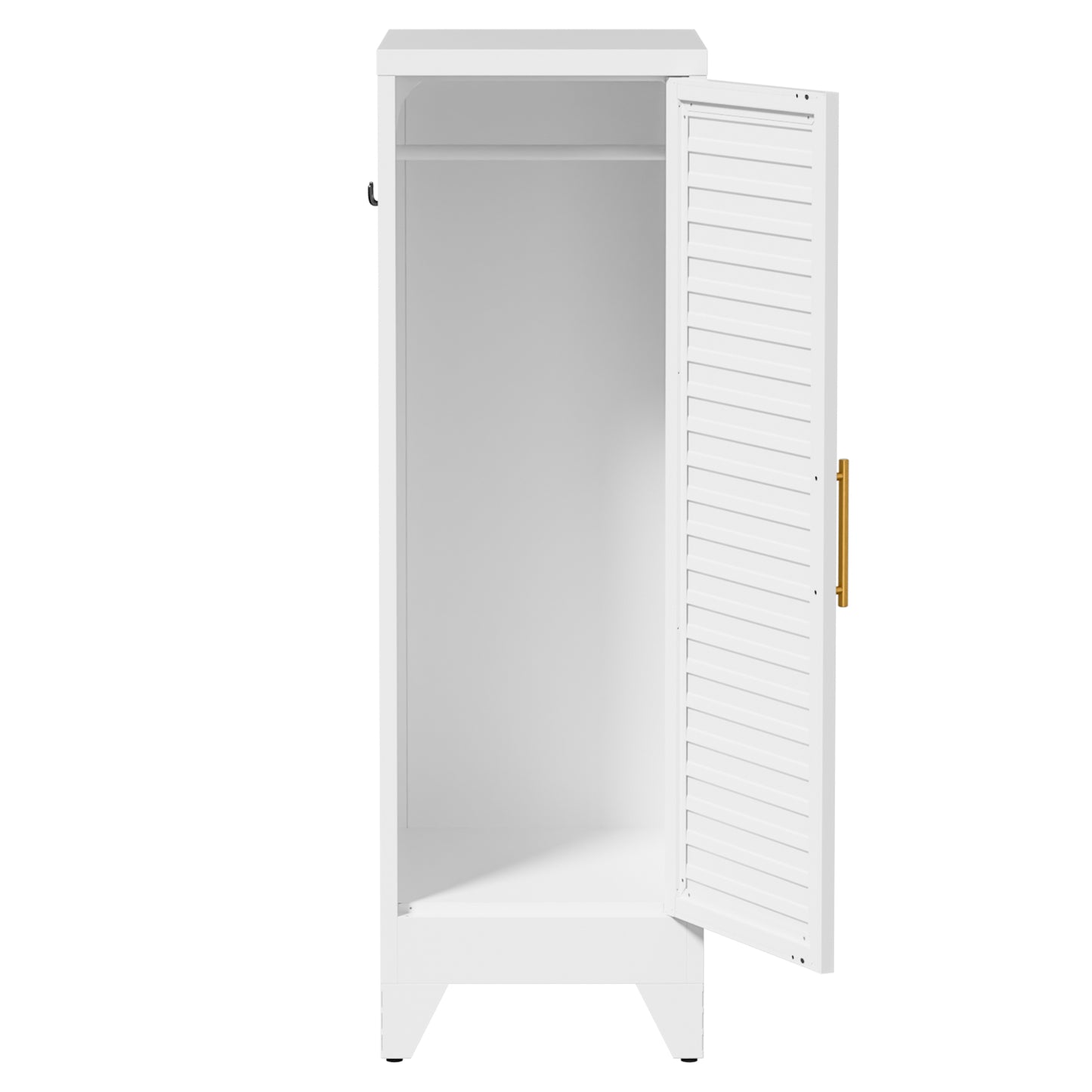 VIYET 47.2" Narrow Metal Wardrobe Closet, Slim Storage Cabinet with Louvered Door and Hanging Rail, Freestanding Clothes Organizer for Bedroom, Apartment, Dorm, White