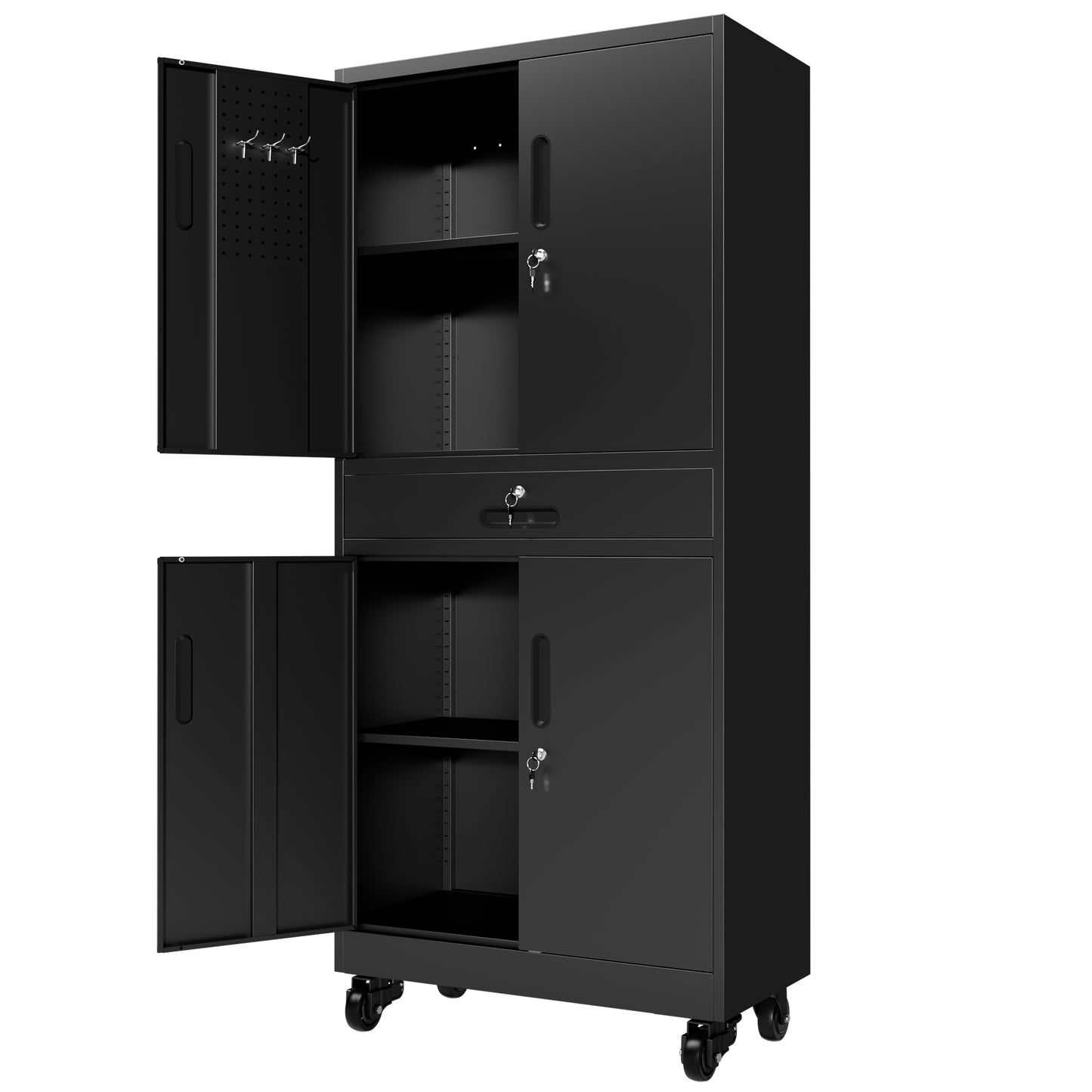 VIYET 71" Metal Garage Storage Cabinet with Drawer, Lockable Doors, Adjustable Shelves, Pegboard & Rolling Wheels for Home Office Utility