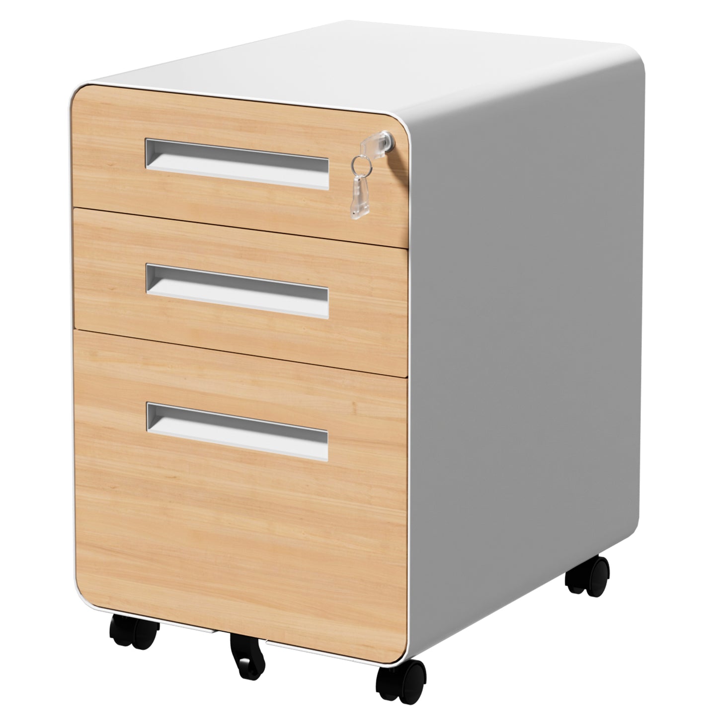 VIYET 3 Drawer Mobile File Cabinet with Lock, Wood Grain Metal Rolling Filing Cabinet on Wheels, Steel Office Storage Cabinet for Letter Legal Files