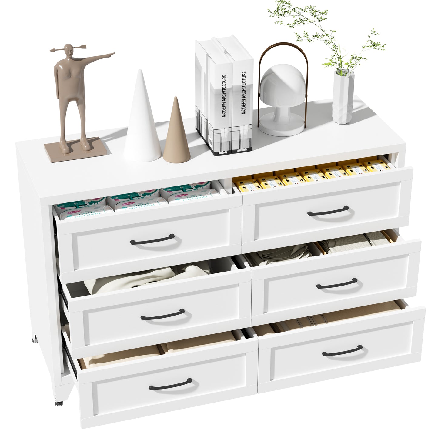 VIYET 6-Drawer White Dresser for Bedroom, Modern Metal Storage Chest with Smooth-Glide Drawers for Closet, Hallway & Entryway