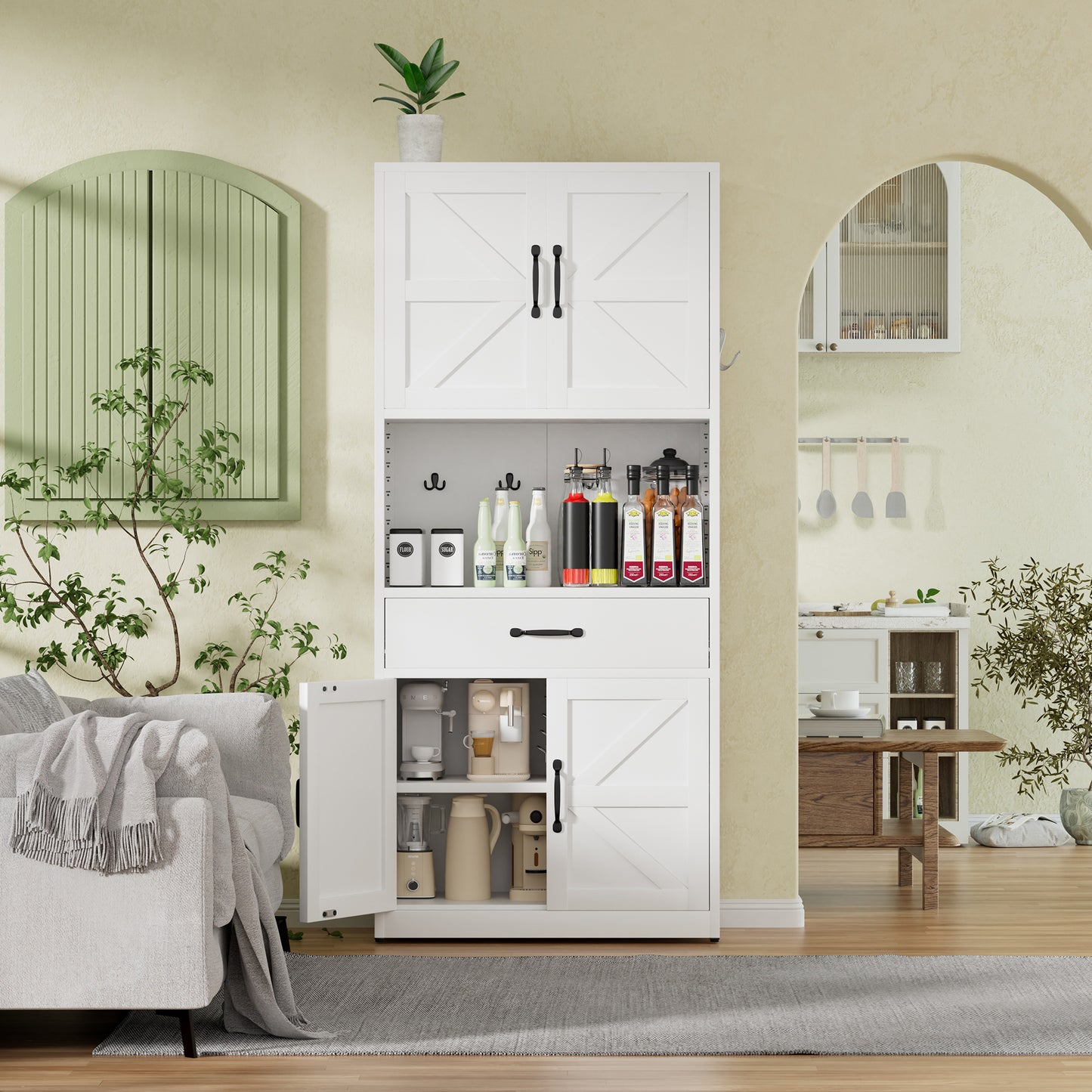VIYET 71"H Heavy-Duty White Steel Pantry Cabinet,Large Countertop+Adjustable Shelves+Drawers+Hooks,Modern Storage for Kitchen/Bathroom/Living Room