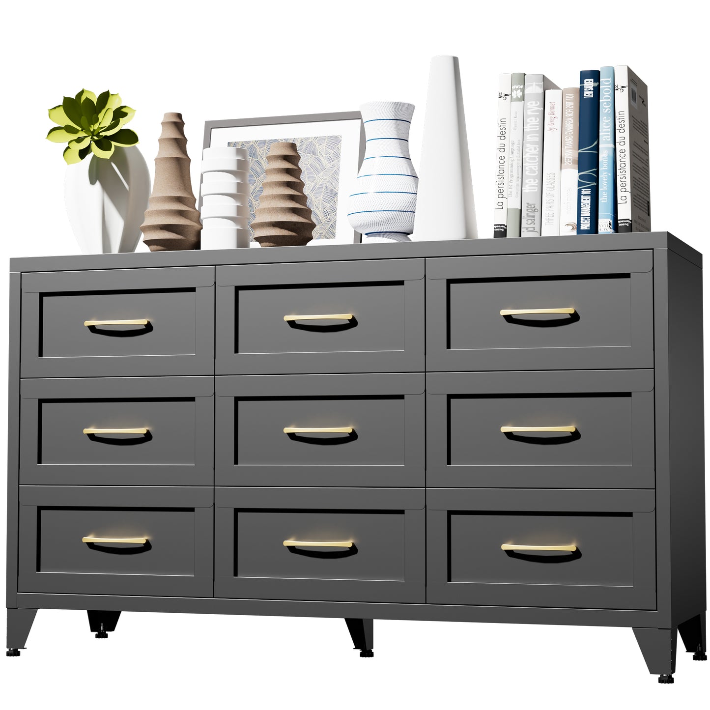 VIYET 9-Drawer Black Dresser for Bedroom, 52" Wide Low-Profile Chest of Drawers with Smooth-Glide Storage