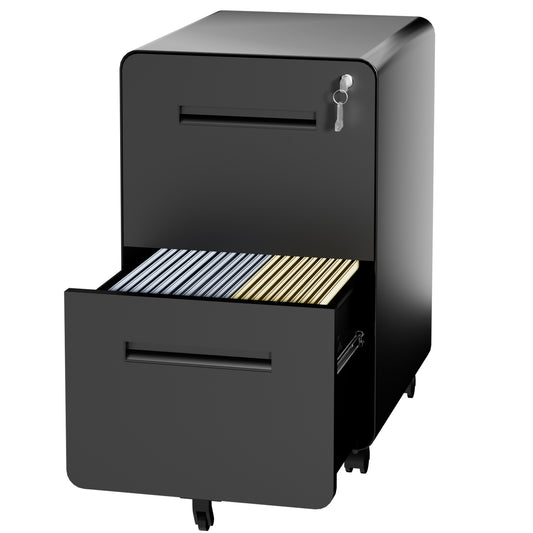 VIYET 2 Drawer Rolling File Cabinet, Black Metal Mobile Filing Cabinet with Lock, Steel Office Storage Cabinet for Letter Legal Files