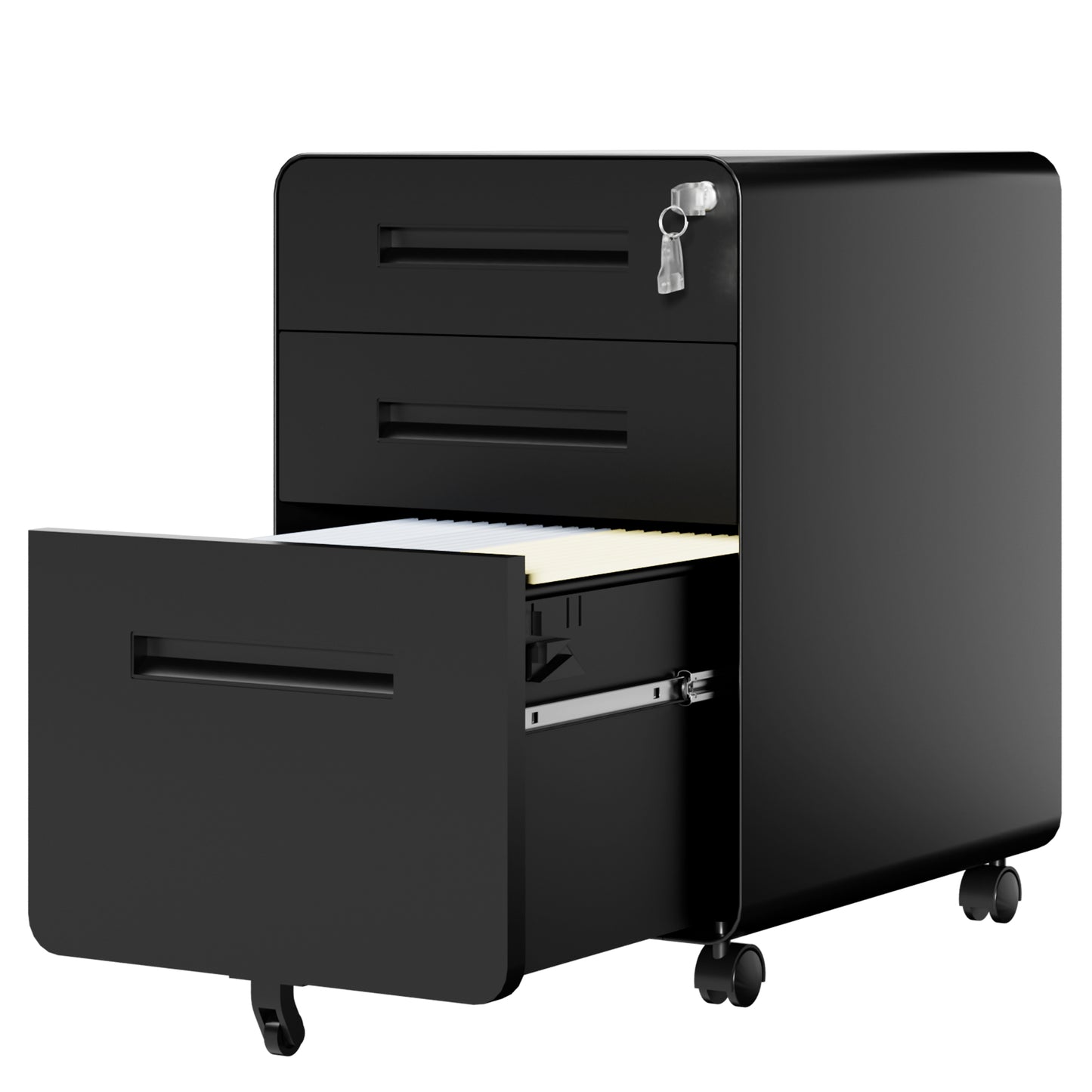 VIYET 3 Drawer Filing Cabinet with Lock, Black Rolling Metal Office Cabinet, Secure Document Storage Organizer for Letter & Legal Files
