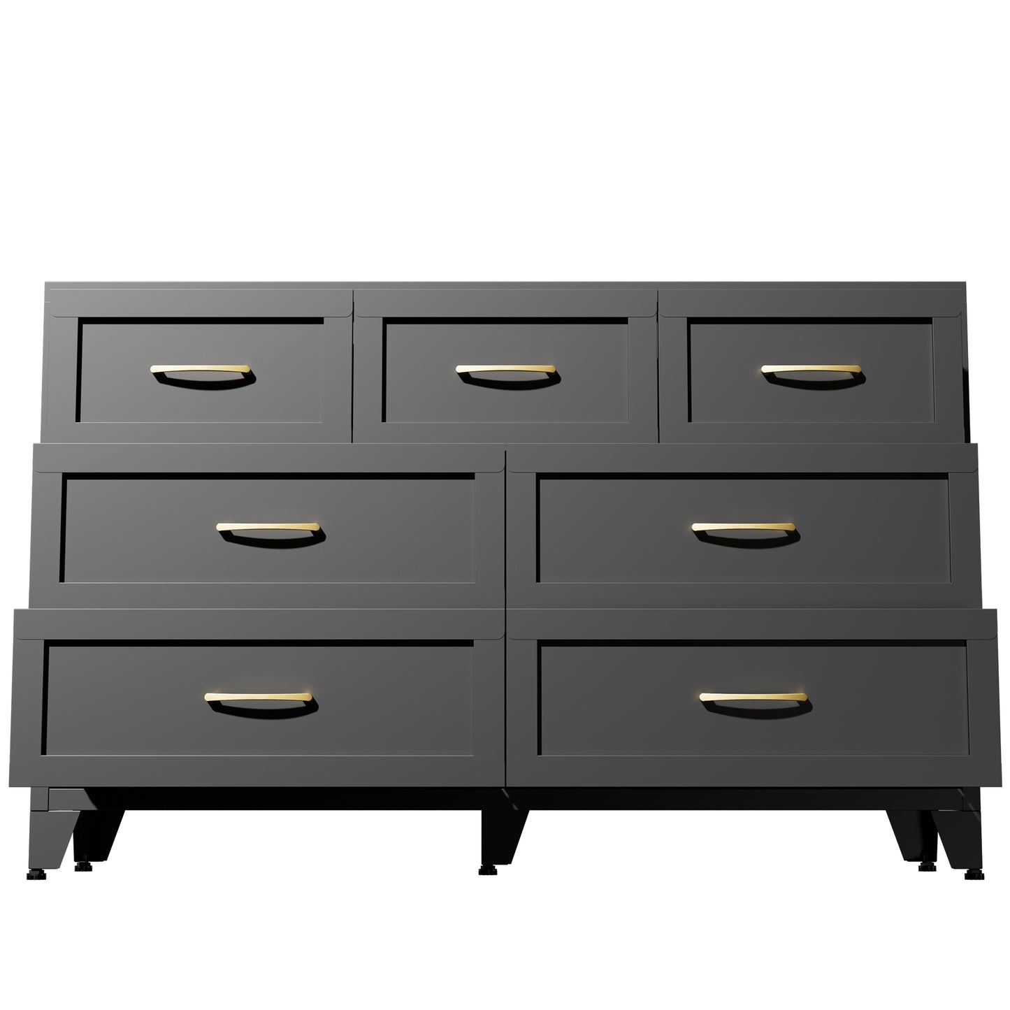 VIYET 7-Drawer Black Dresser, Wide Low-Profile Bedroom Storage Chest with Smooth-Glide Drawers
