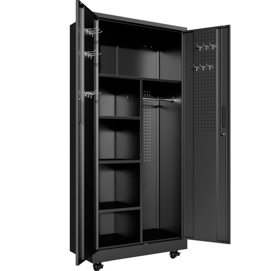 VIYET 71" Rolling Metal Locker Cabinet with Locking Doors, Adjustable Shelves & Hanging Rod, Steel Wardrobe Storage Cabinet
