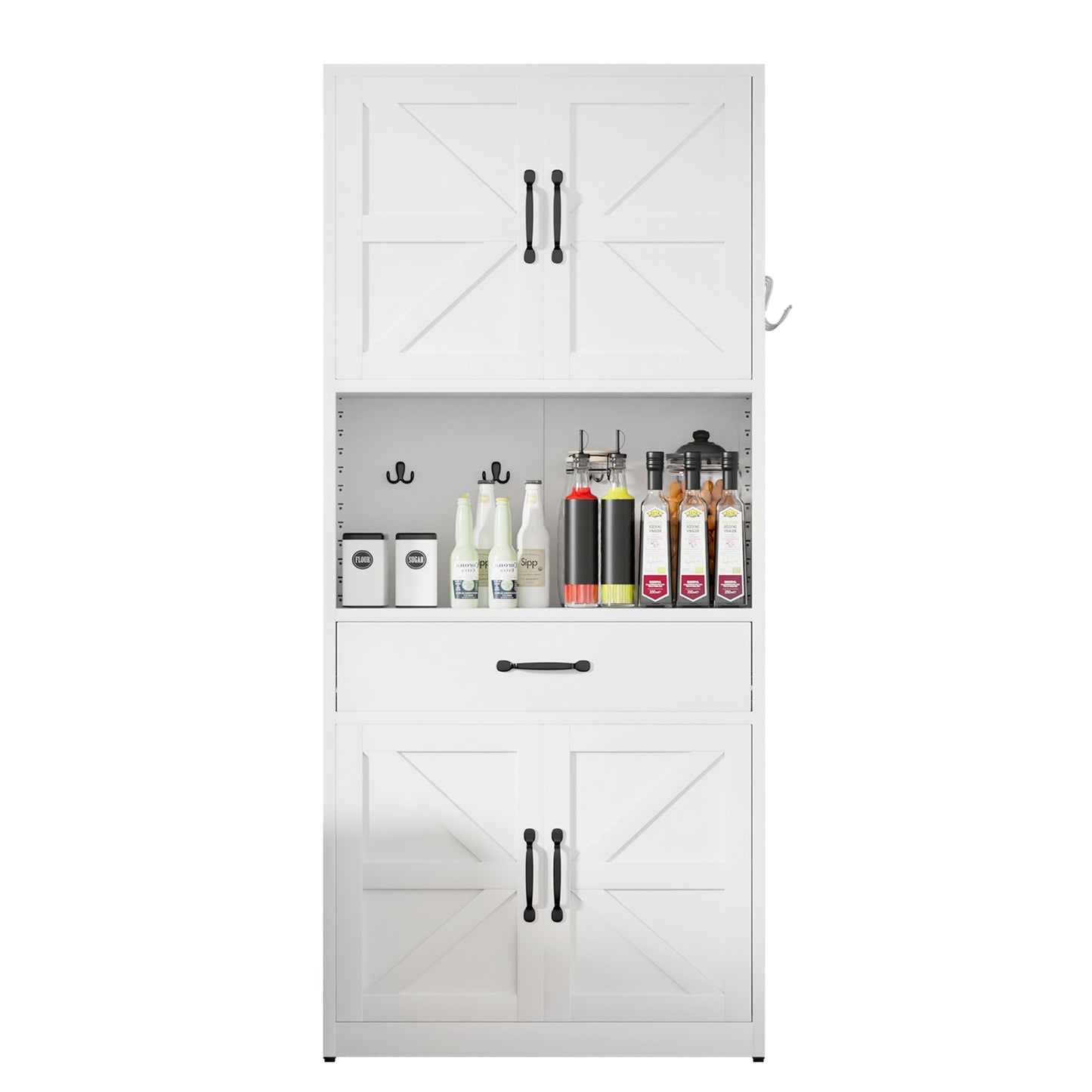VIYET 71"H Heavy-Duty White Steel Pantry Cabinet,Large Countertop+Adjustable Shelves+Drawers+Hooks,Modern Storage for Kitchen/Bathroom/Living Room