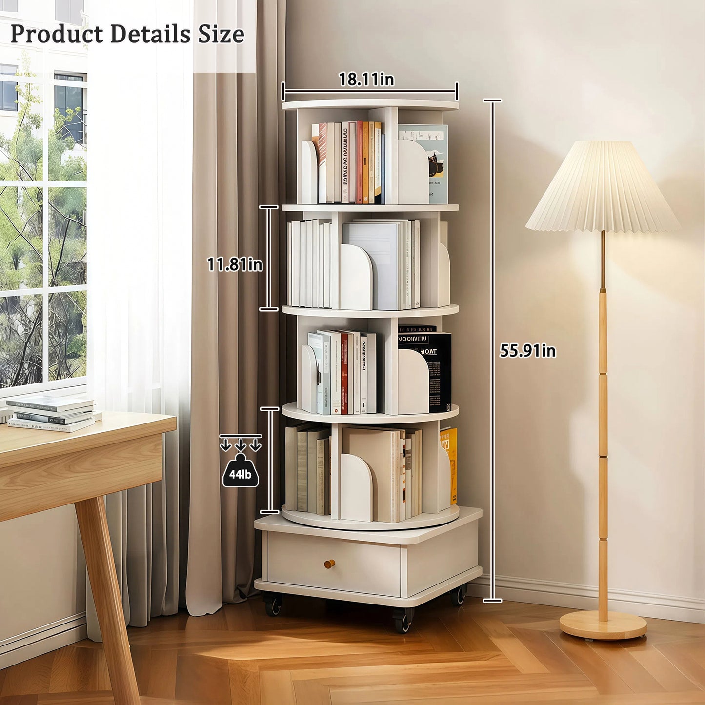 VIYET 56" 5-Tier 360° Rotating Bookshelf, Oak MDF Tower w/ Wheels&Drawer (Space-Saving Storage for Home/Office),white