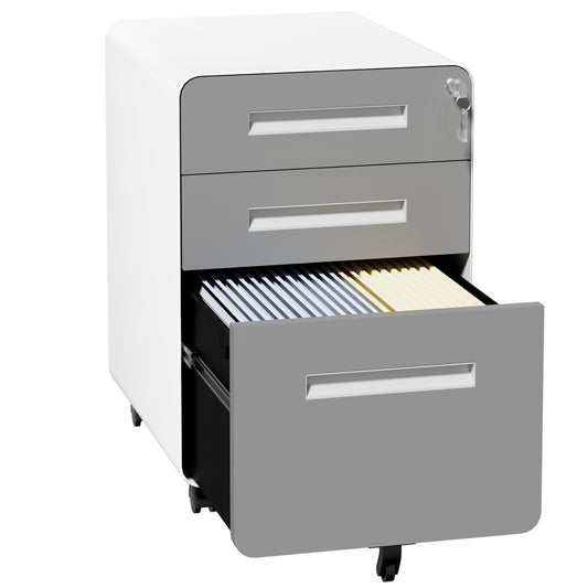 VIYET 3 Drawer Mobile File Cabinet, Gray Metal Rolling Filing Cabinet with Lock, Steel Office Storage Cabinet on Wheels for Letter Legal Files