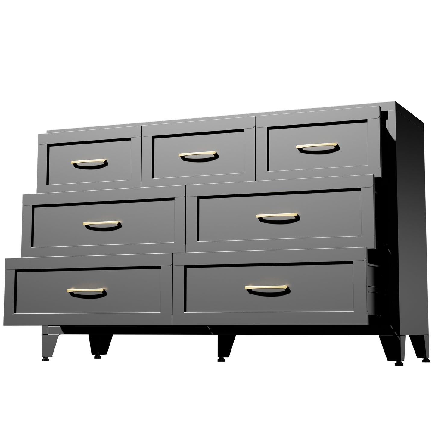 VIYET 7-Drawer Black Dresser, Wide Low-Profile Bedroom Storage Chest with Smooth-Glide Drawers