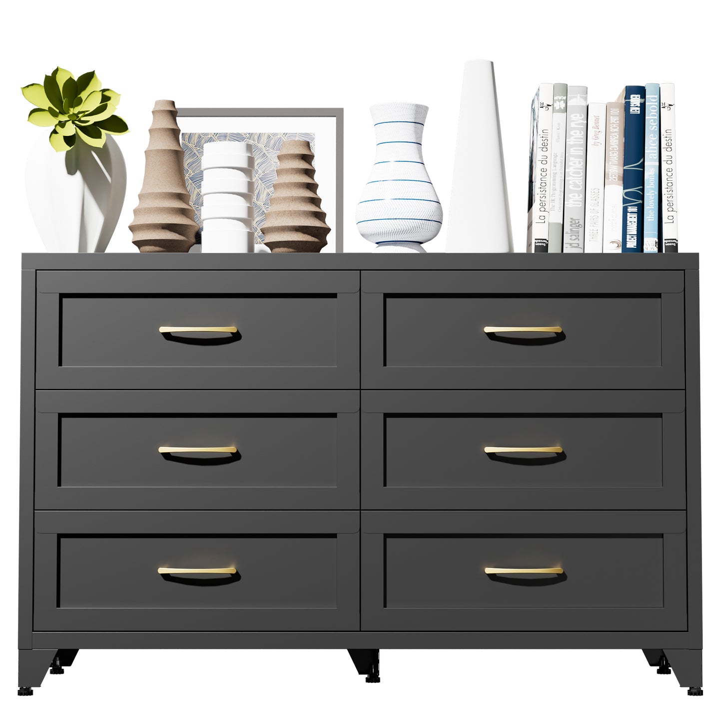VIYET 6-Drawer Black Dresser for Bedroom, Low-Profile Chest of Drawers with Smooth-Glide Storage