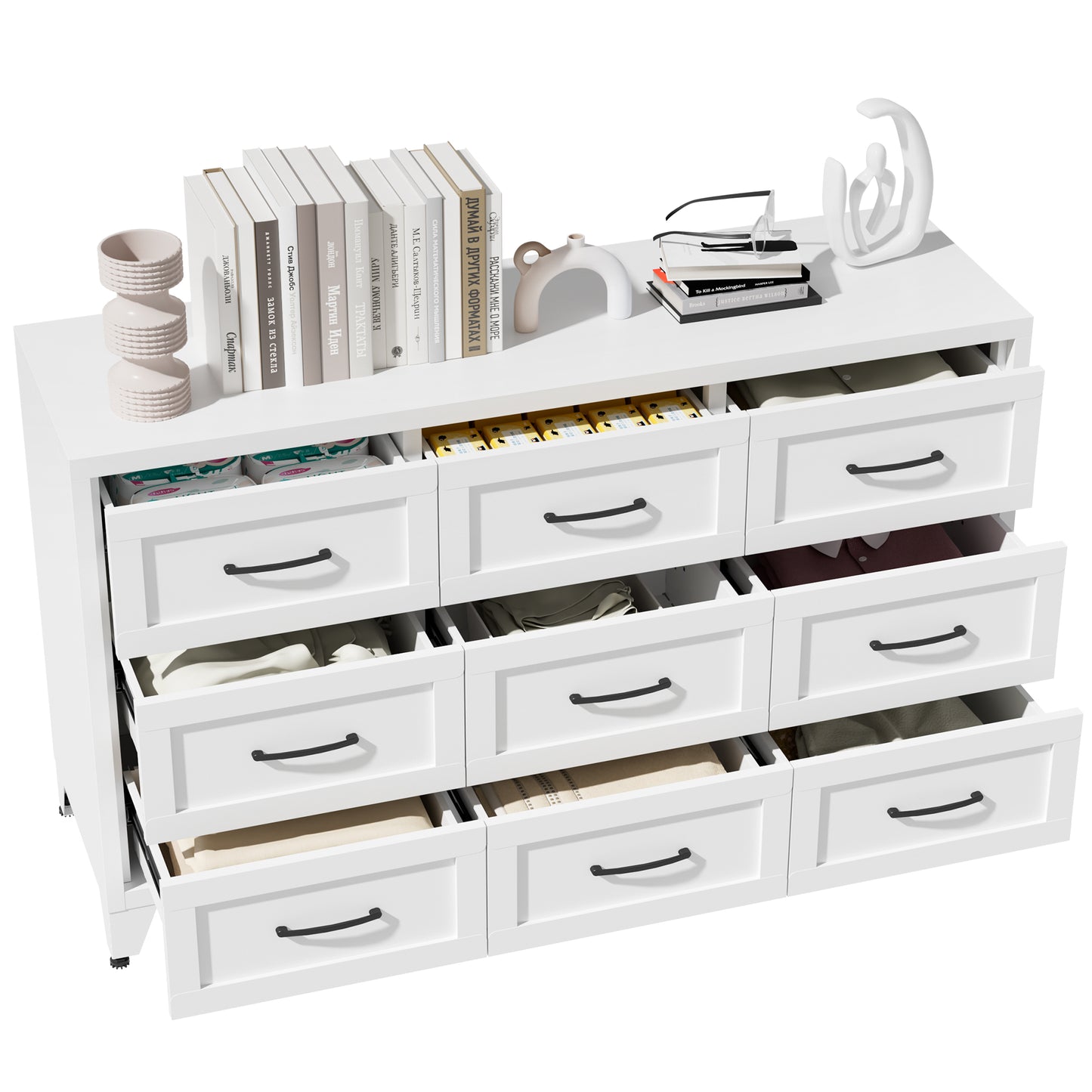 VIYET 9-Drawer Wide Dresser, White Bedroom Storage Chest with Smooth-Glide Drawers for Closet, Hallway & Entryway