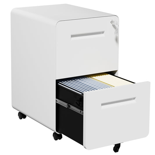 VIYET 2 Drawer Mobile File Cabinet, Metal Rolling Filing Cabinet with Lock, Fully Assembled Steel Office Storage Cabinet, White