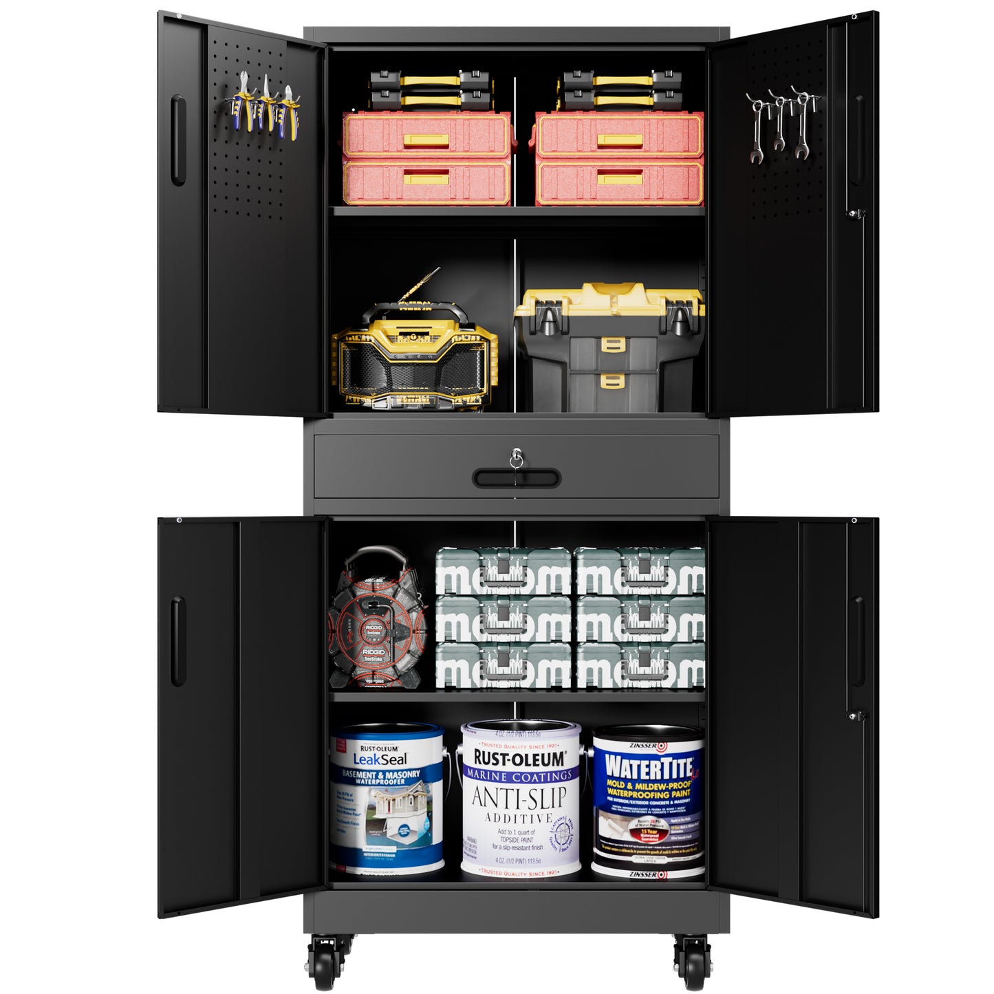 VIYET 71" Metal Garage Storage Cabinet with Drawer, Lockable Doors, Adjustable Shelves, Pegboard & Rolling Wheels for Home Office Utility