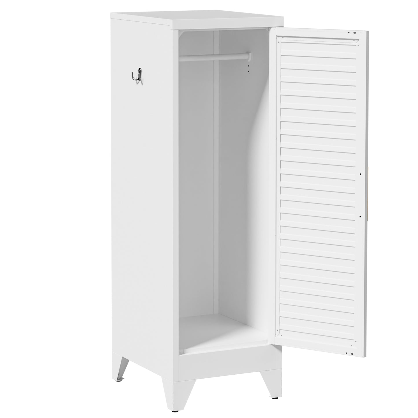 VIYET 47.2" Narrow Metal Wardrobe Closet, Slim Storage Cabinet with Louvered Door and Hanging Rail, Freestanding Clothes Organizer for Bedroom, Apartment, Dorm, White