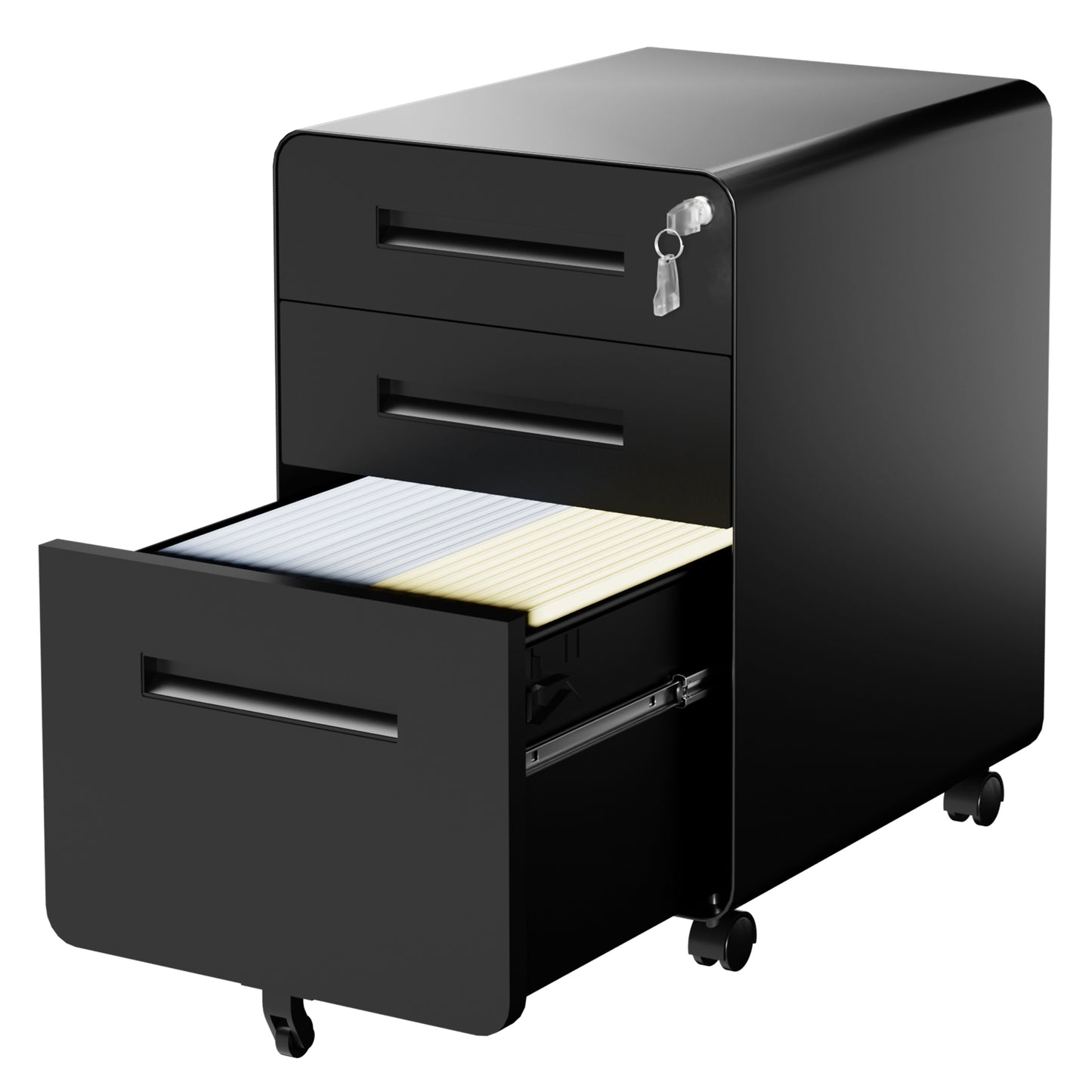 VIYET 3 Drawer Filing Cabinet with Lock, Black Rolling Metal Office Cabinet, Secure Document Storage Organizer for Letter & Legal Files