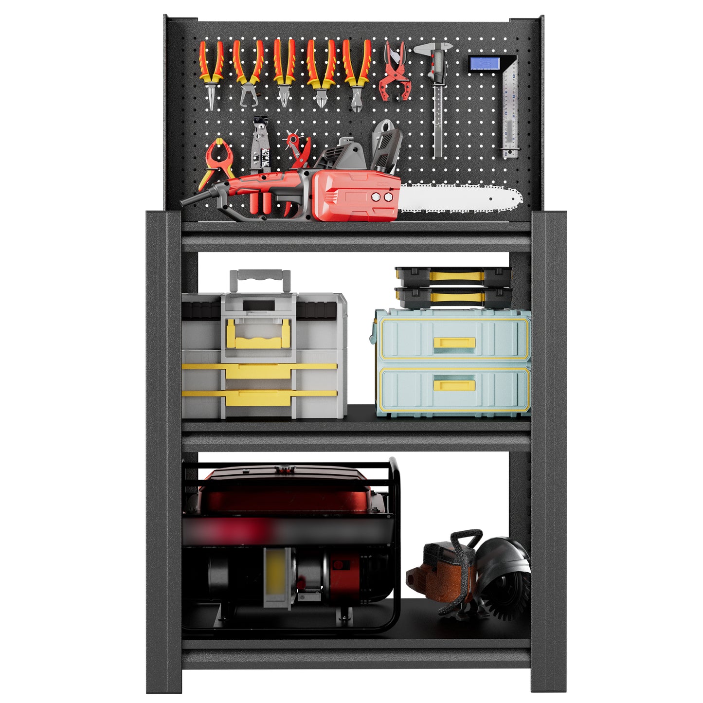 VIYET 3-Tier Metal Storage Shelf with Pegboard, 660 lbs Capacity, Adjustable Garage Shelving Rack for Tools, Workshop, Basement & Utility Room