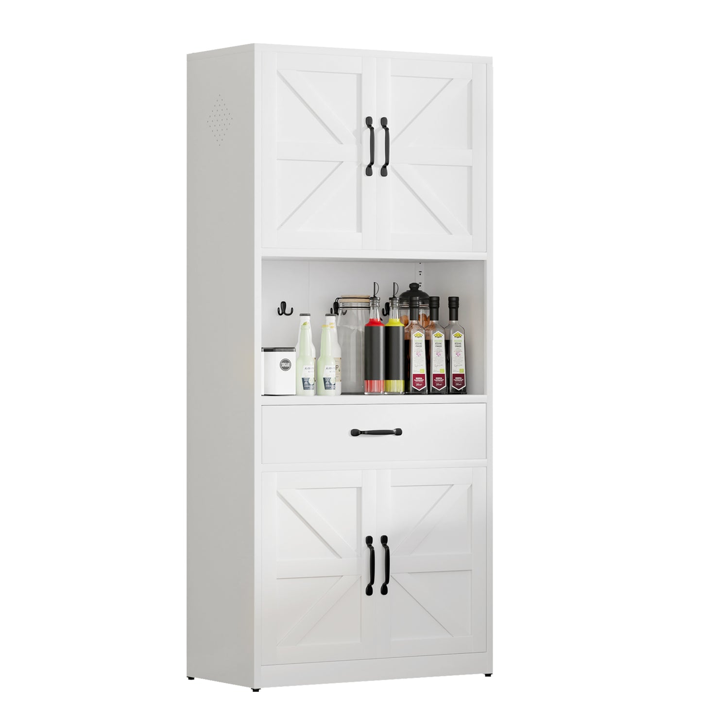 VIYET 71"H Heavy-Duty White Steel Pantry Cabinet,Large Countertop+Adjustable Shelves+Drawers+Hooks,Modern Storage for Kitchen/Bathroom/Living Room