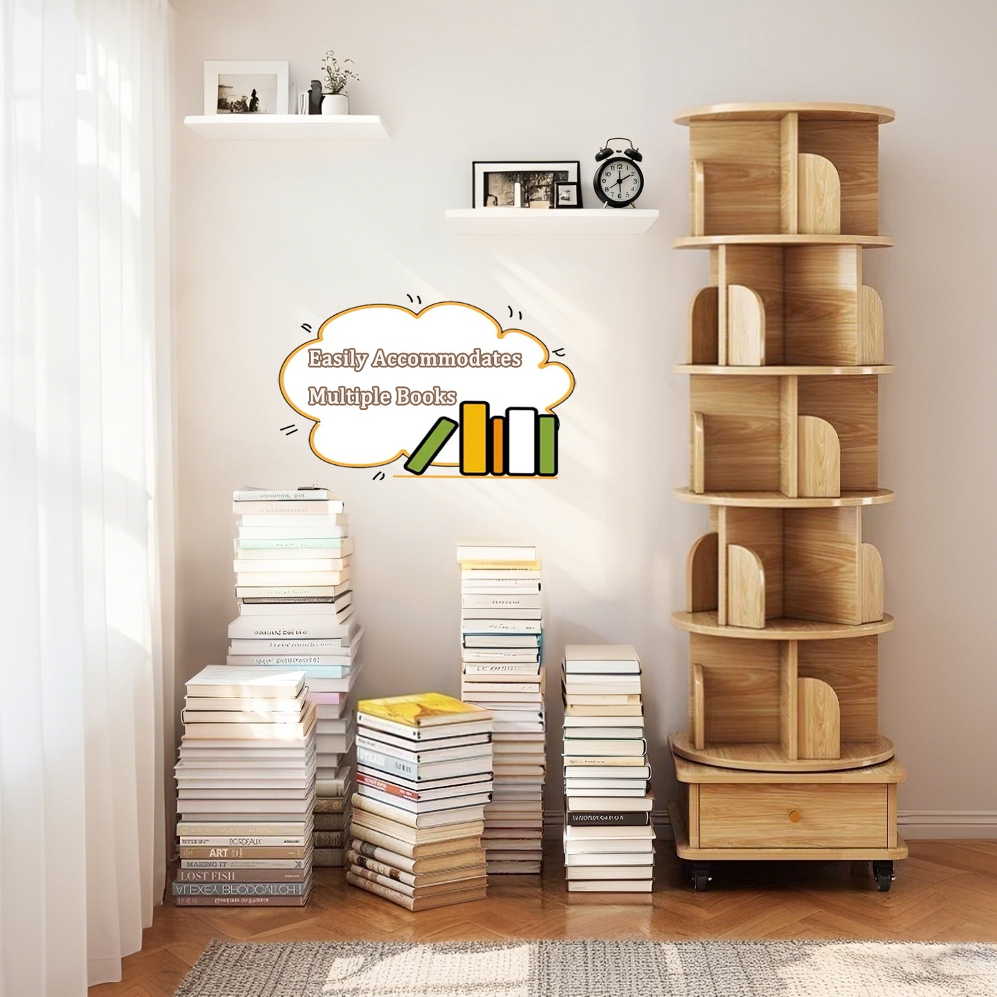 VIYET 68" 6-Tier 360° Rotating Bookshelf, Wood Color MDF Tower w/ Wheels & Drawer (Space-Saving Storage for Home/Office)
