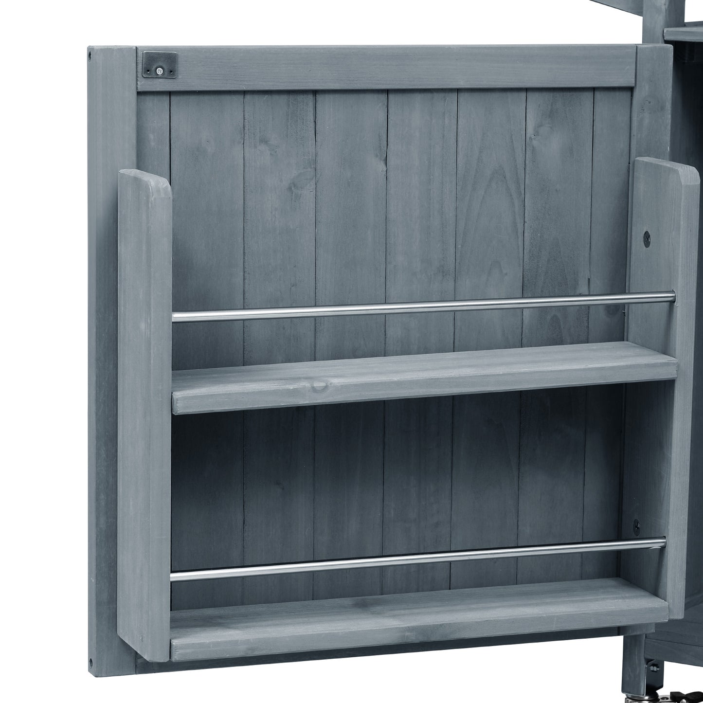 VIYET 43" K&K Outdoor Kitchen Island, Grey-Blue Solid Wood Grill Cart w/ Stainless Steel Top (Raised Shelf+Adjustable Storage Rack)