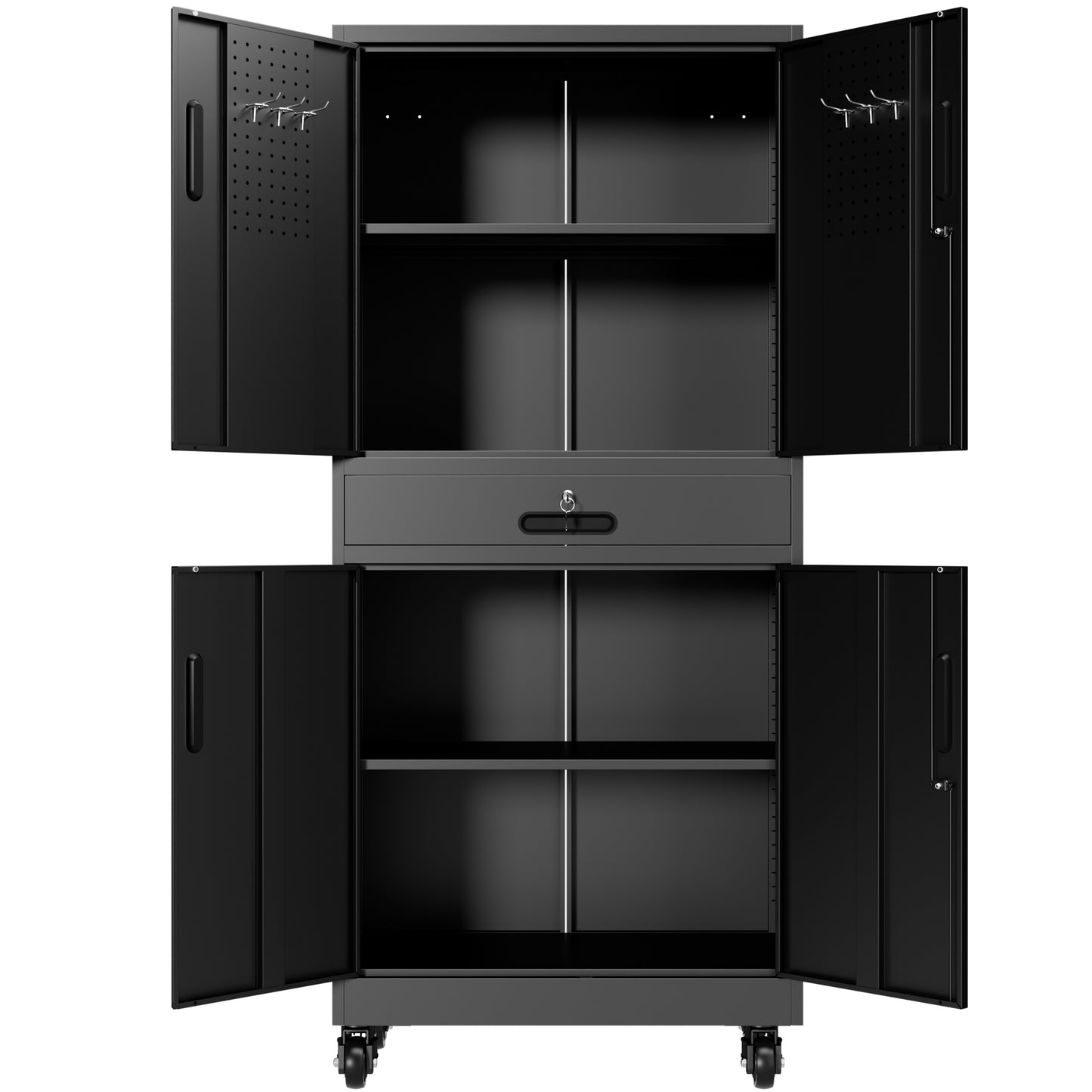 VIYET 71" Metal Garage Storage Cabinet with Drawer, Lockable Doors, Adjustable Shelves, Pegboard & Rolling Wheels for Home Office Utility
