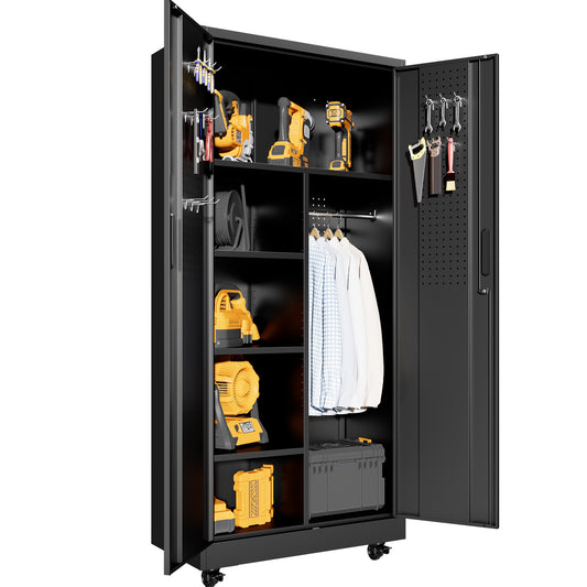 VIYET 71" Rolling Metal Storage Locker with Lockable Doors, Freestanding Steel Wardrobe Cabinet for Home Office School Gym