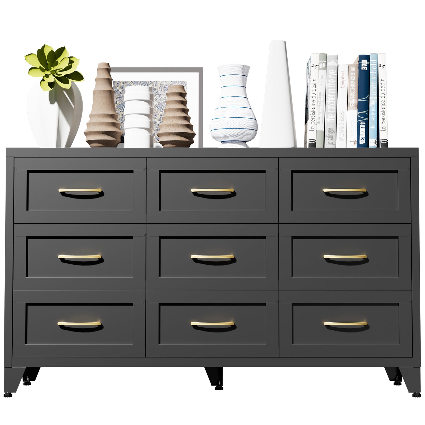 VIYET 9-Drawer Black Dresser for Bedroom, 52" Wide Low-Profile Chest of Drawers with Smooth-Glide Storage