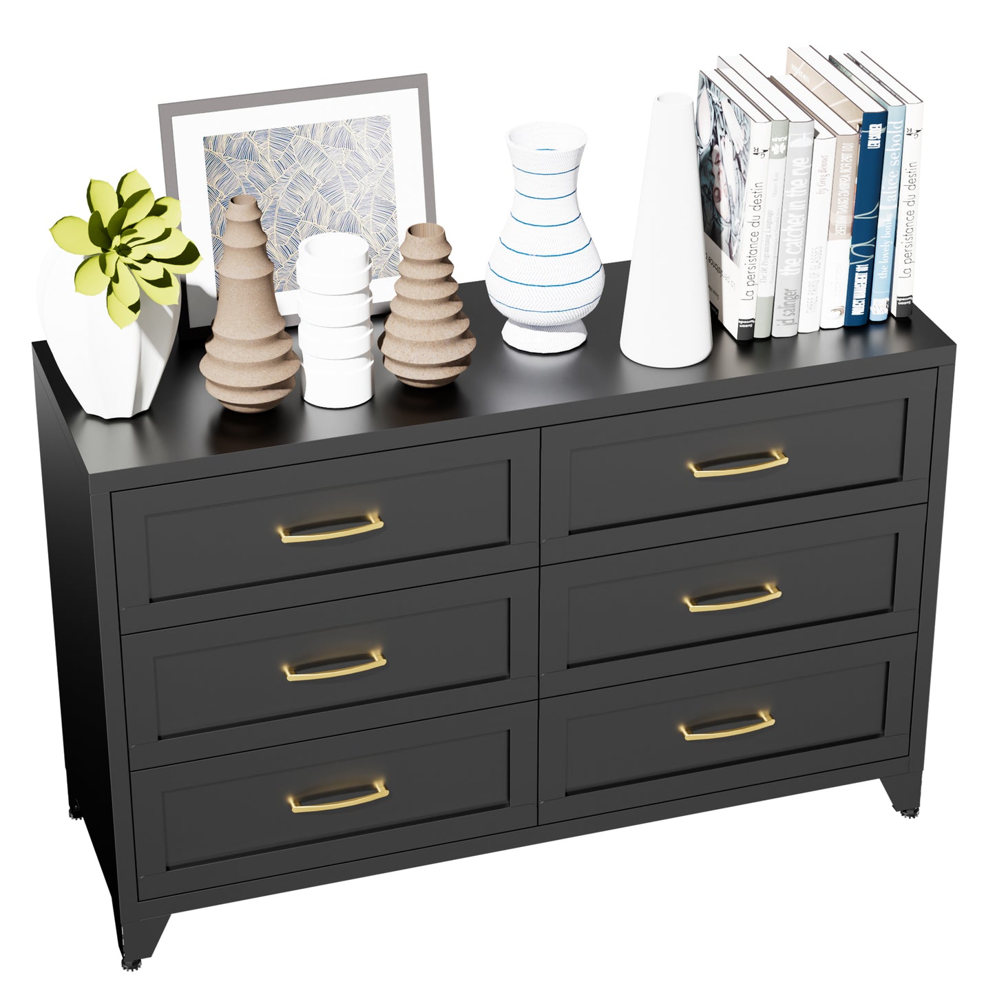 VIYET 6-Drawer Black Dresser for Bedroom, Low-Profile Chest of Drawers with Smooth-Glide Storage